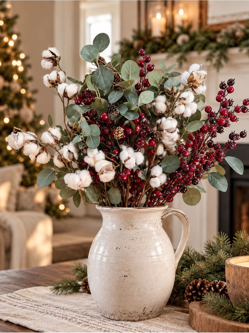 Christmas Winter Floral Picks – Cotton Stems, Red Berries & Eucalyptus Set of 4
